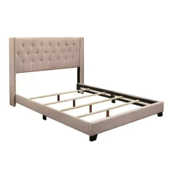 Beige Upholstered Button Tufted Wing Queen Bed