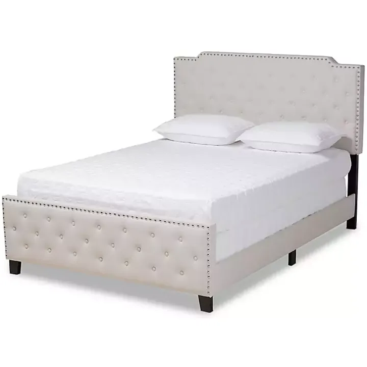 Beige Upholstered Button Tufted King Panel Bed