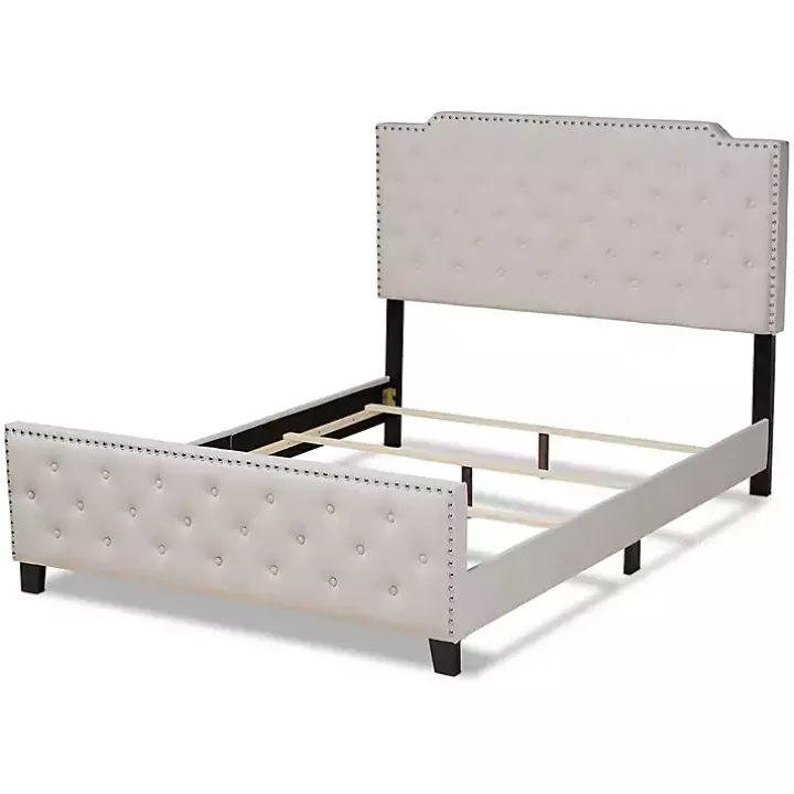 Beige Upholstered Button Tufted King Panel Bed