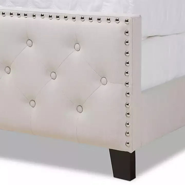 Beige Upholstered Button Tufted King Panel Bed