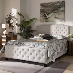 Beige Upholstered Button Tufted King Panel Bed