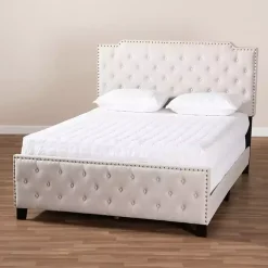 Beige Upholstered Button Tufted King Panel Bed