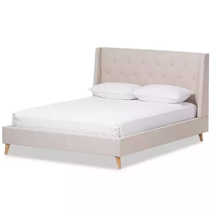 Beige Upholstered Wingback Queen Platform Bed