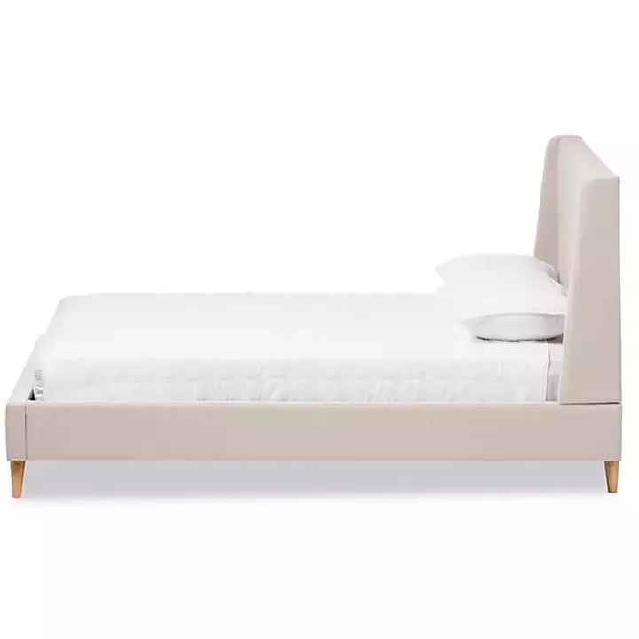 Beige Upholstered Wingback Queen Platform Bed