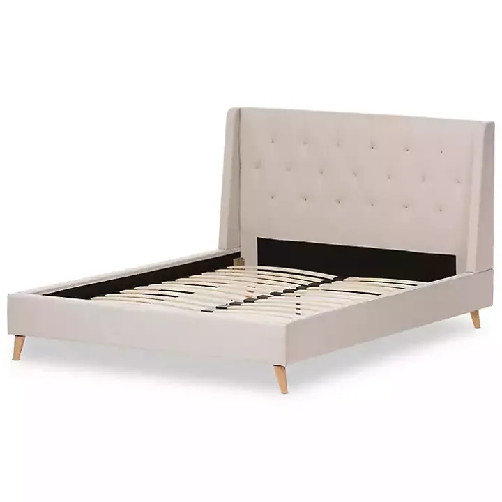 Beige Upholstered Wingback Queen Platform Bed