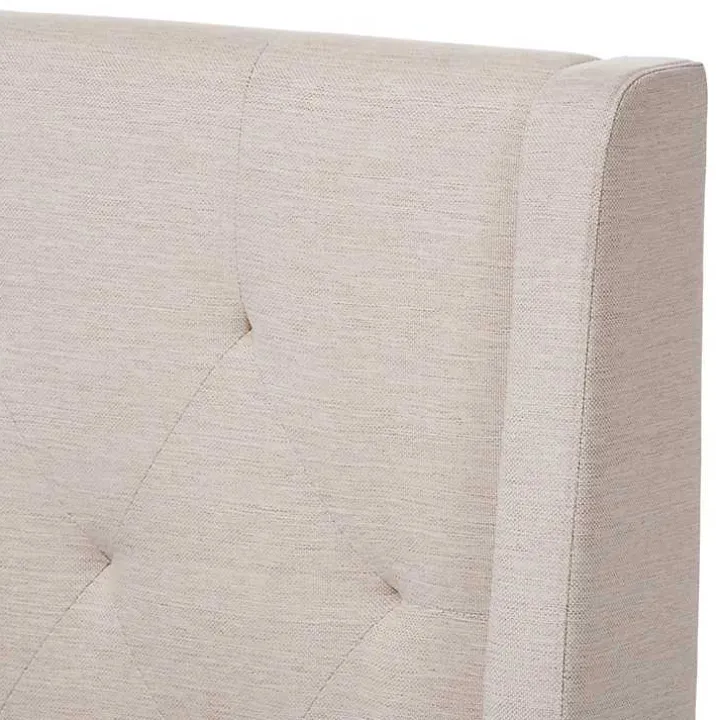 Beige Upholstered Wingback Queen Platform Bed