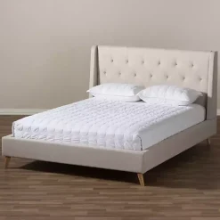 Beige Upholstered Wingback Queen Platform Bed