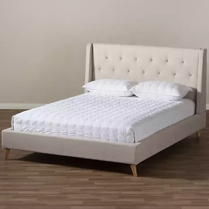 Beige Upholstered Wingback Queen Platform Bed