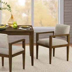 Beige Upholstered Wood Dining Chairs, Set of 2