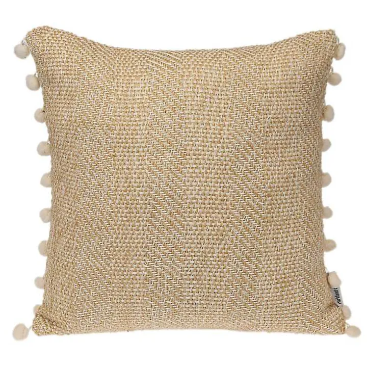 Beige Woven Pom Pom Pillow