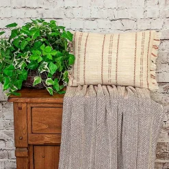 Beige Woven Red Stripes Lumbar Pillow