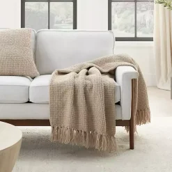 Beige Woven Waffle Knit Chenille Throw