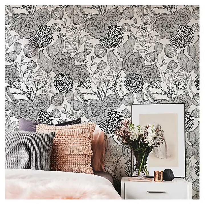 Black & White Floral Garden Peel & Stick Wallpaper