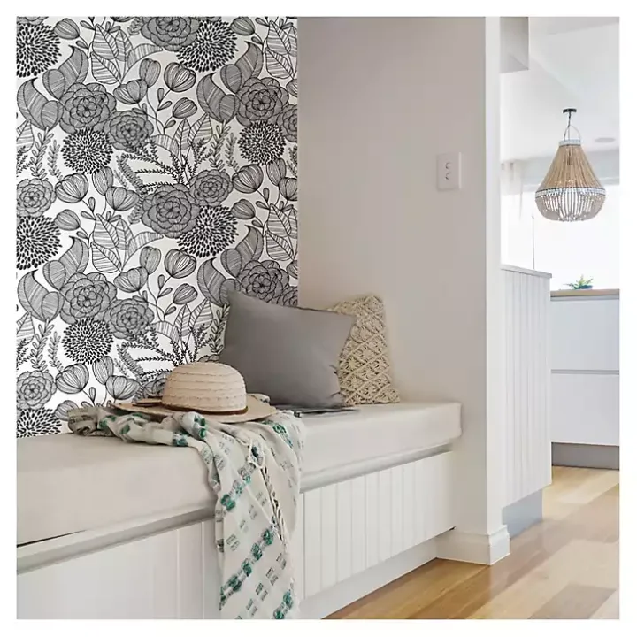 Black & White Floral Garden Peel & Stick Wallpaper