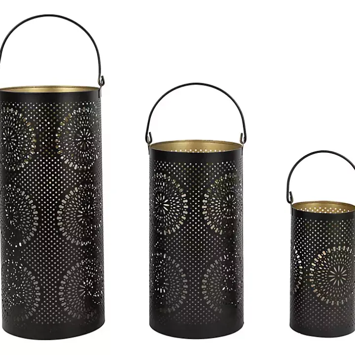 Black and Gold Laser Cut Floral Lanterns, Set of 3