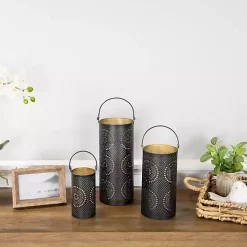 Black and Gold Laser Cut Floral Lanterns, Set of 3