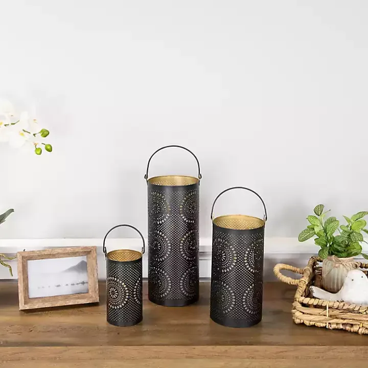 Black and Gold Laser Cut Floral Lanterns, Set of 3