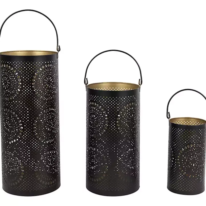 Black and Gold Laser Cut Floral Lanterns, Set of 3