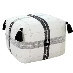 Black and Ivory Textured Plaid Pouf