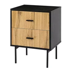 Black and Natural Wood 2-Drawer Nightstand