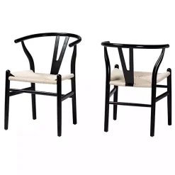Black and Tan Wishbone Dining Chairs, Set of 2