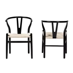 Black and Tan Wishbone Dining Chairs, Set of 2