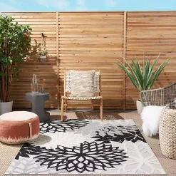 Black and White Floral Outdoor Area Rug, 5x7