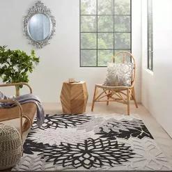 Black and White Floral Outdoor Area Rug, 5x7