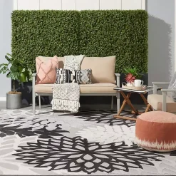 Black and White Floral Outdoor Area Rug, 7x10