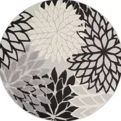 Black and White Floral Round Outdoor Area Rug, 5x5