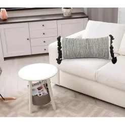 Black and White Striped Lumbar Pillow with Tassels