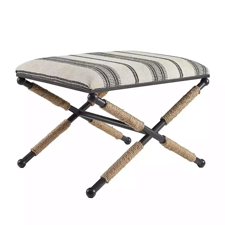 Black and White Striped Upholstered Ottoman
