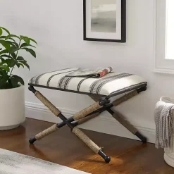 Black and White Striped Upholstered Ottoman