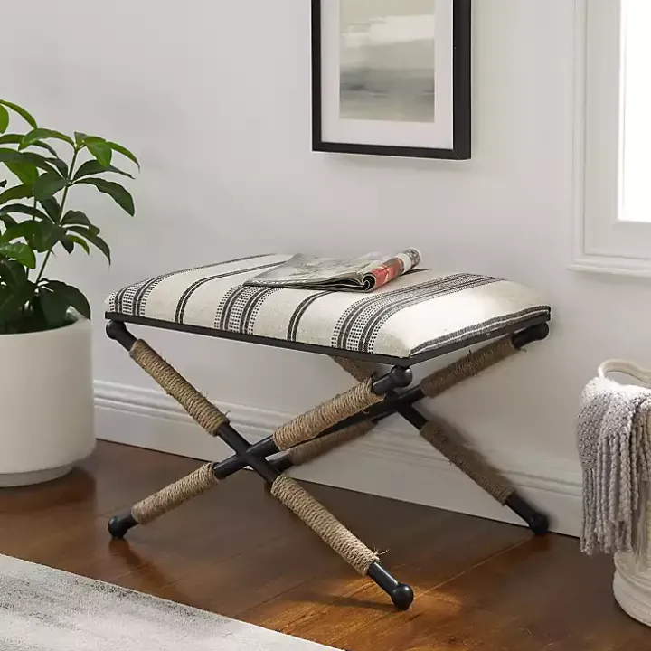 Black and White Striped Upholstered Ottoman