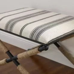 Black and White Striped Upholstered Ottoman