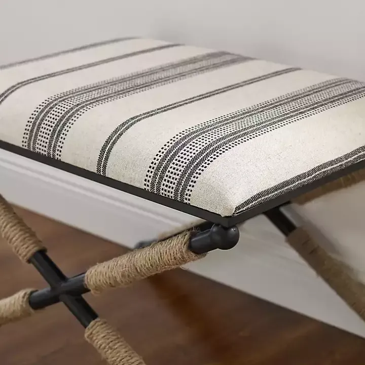 Black and White Striped Upholstered Ottoman