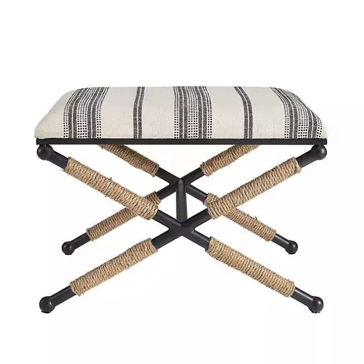 Black and White Striped Upholstered Ottoman