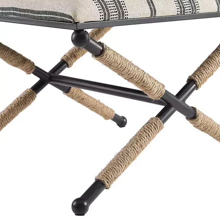 Black and White Striped Upholstered Ottoman