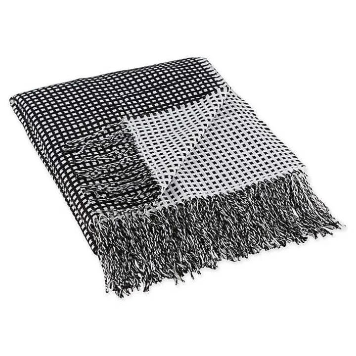 Black and White Waffle Knit Fringe Throw