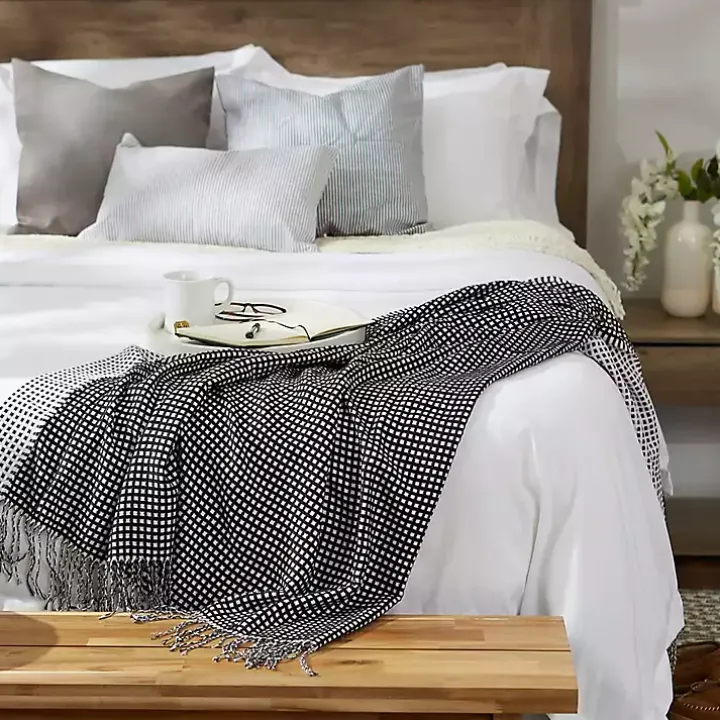 Black and White Waffle Knit Fringe Throw