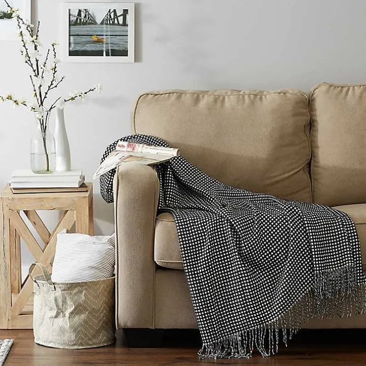 Black and White Waffle Knit Fringe Throw