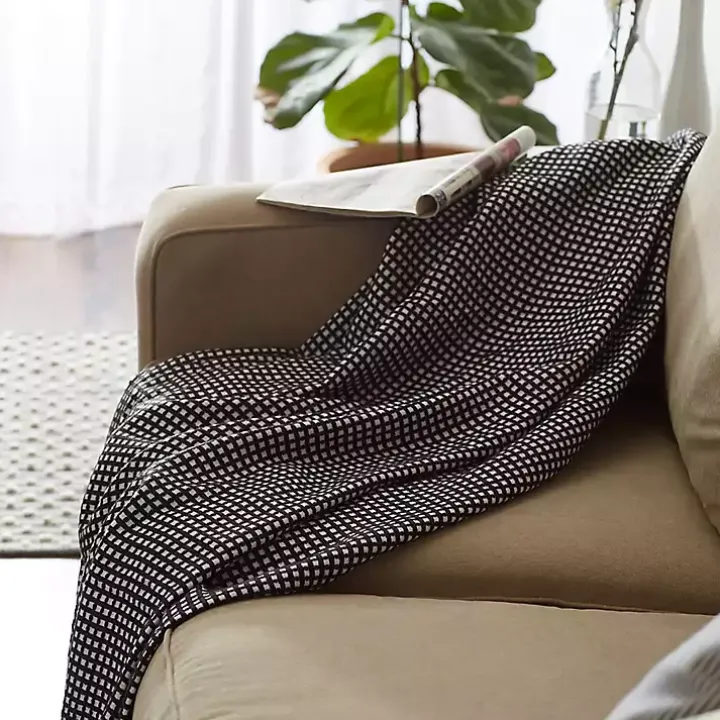 Black and White Waffle Knit Fringe Throw