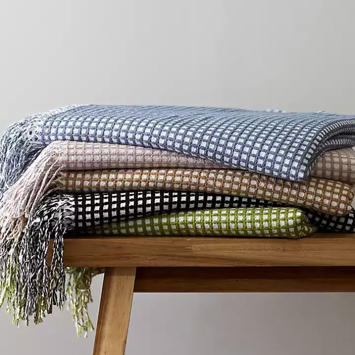 Black and White Waffle Knit Fringe Throw