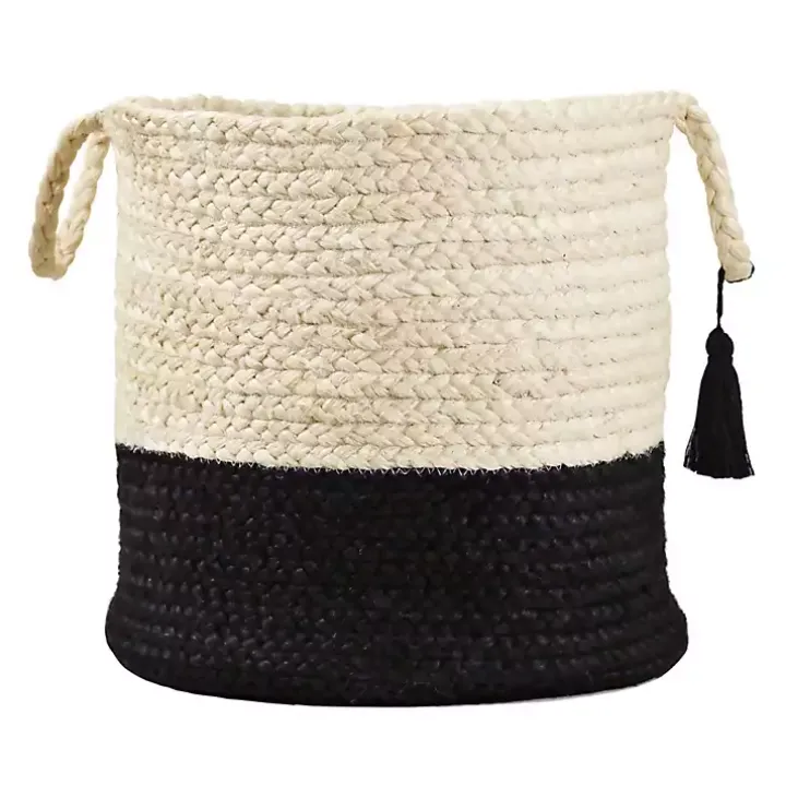 Black and White Woven Basket with Tassel, 19 in.