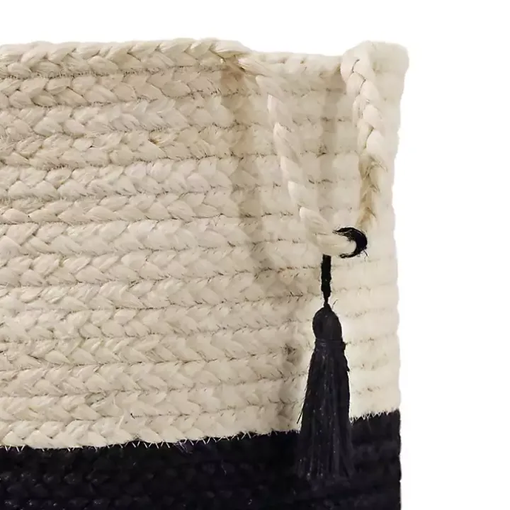 Black and White Woven Basket with Tassel, 19 in.