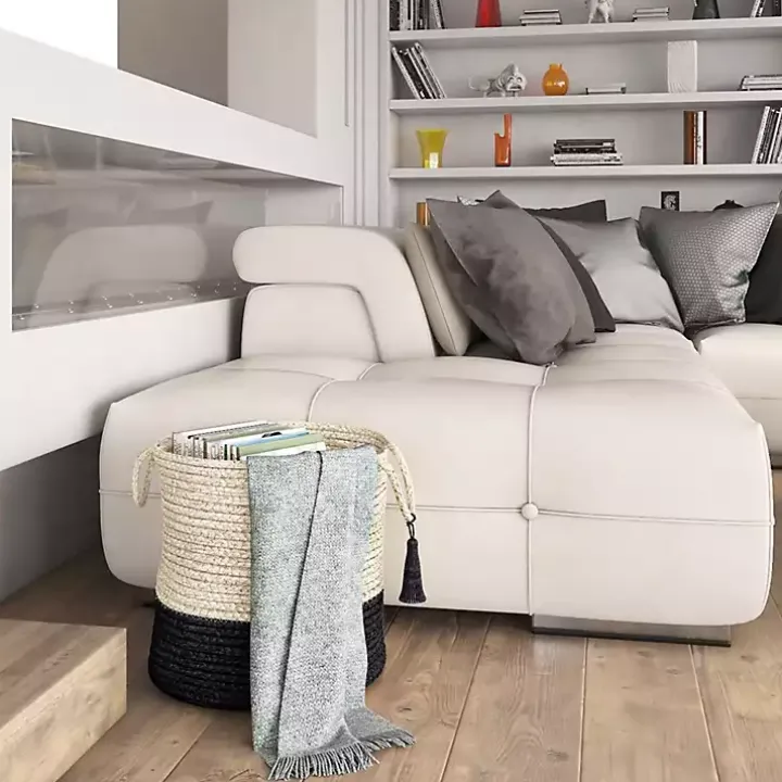 Black and White Woven Basket with Tassel, 19 in.