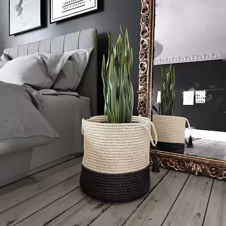 Black and White Woven Basket with Tassel, 19 in.