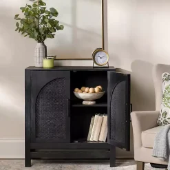 Black Arch Cane and Wood Cabinet