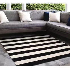 Black Cabana Stripe Indoor/Outdoor Area Rug, 8x8