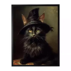 Black Cat in Hat Framed Halloween Wall Plaque
